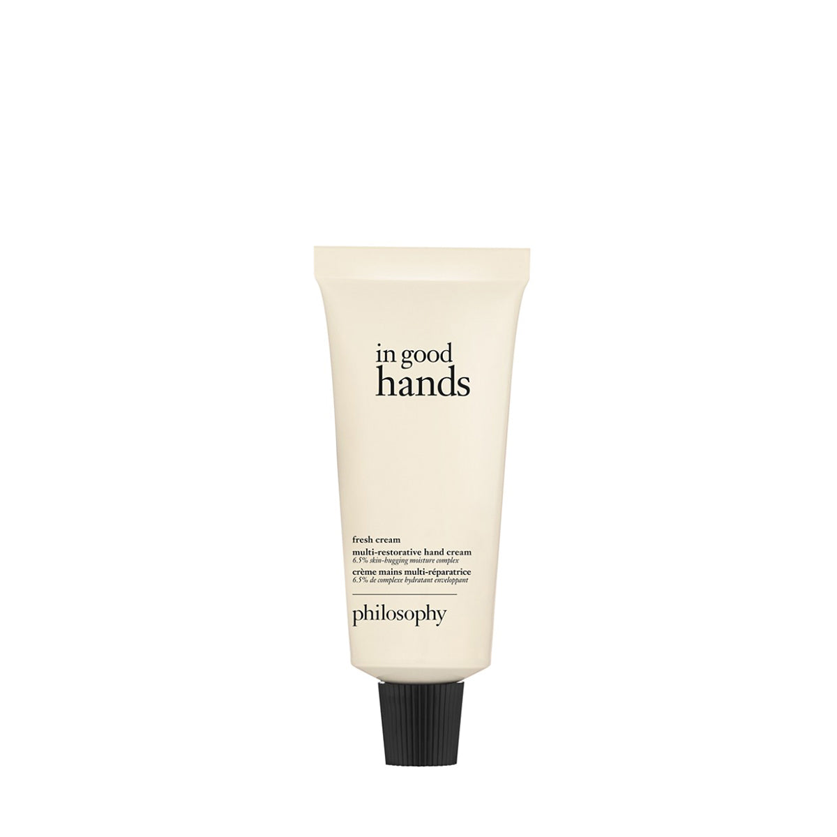 Philosophy hand cream in beige tube labeled in good hands with black cap