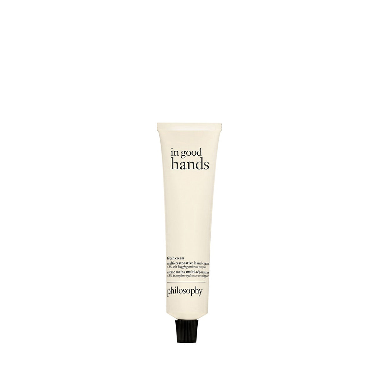 Philosophy hand cream in a white squeeze tube with black cap labeled in good hands