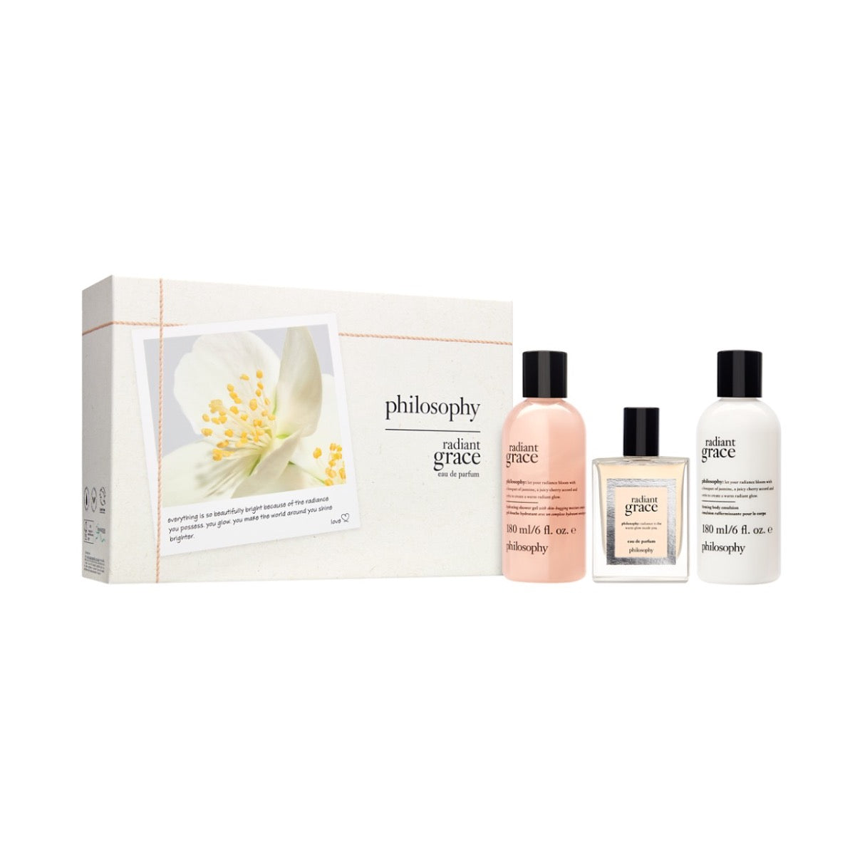 Philosophy Radiant Grace gift set with eau de parfum, shower gel, and body lotion in elegant packaging
