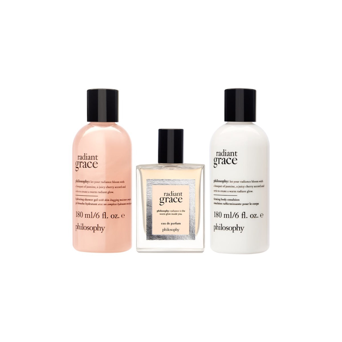 Philosophy Radiant Grace gift set with shower gel, eau de parfum, and body lotion bottles