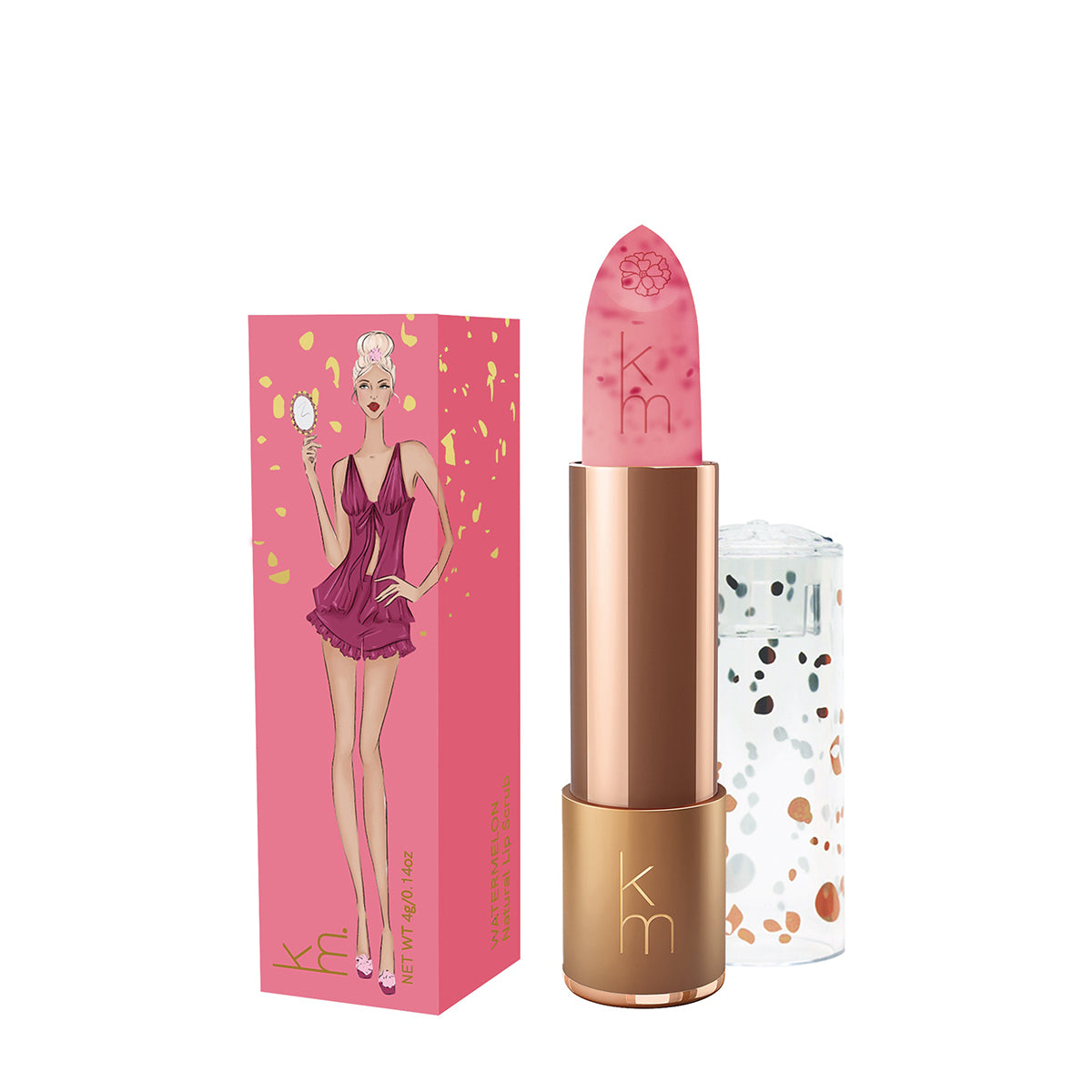 Karen Murrell pink lipstick style natural lip scrub in gold tube with confetti cap and illustrated pink box