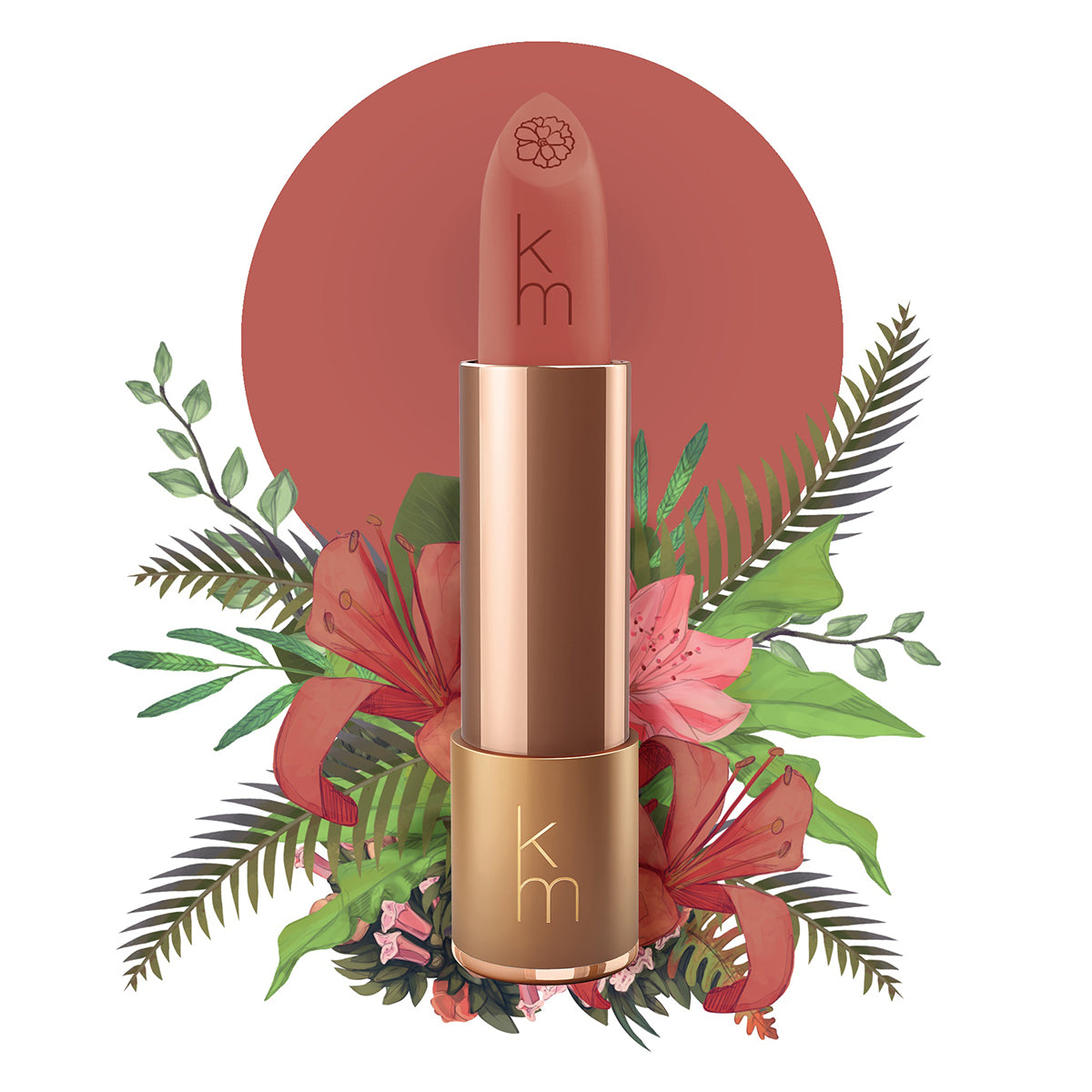 Karen Murrell natural lipstick in rose terracotta shade with rose gold case and floral background