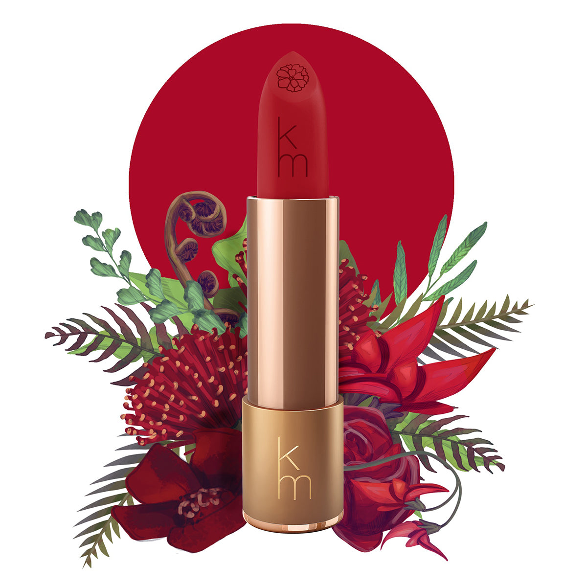 Karen Murrell natural lipstick red shade in gold tube with embossed km logo and floral decorative background
