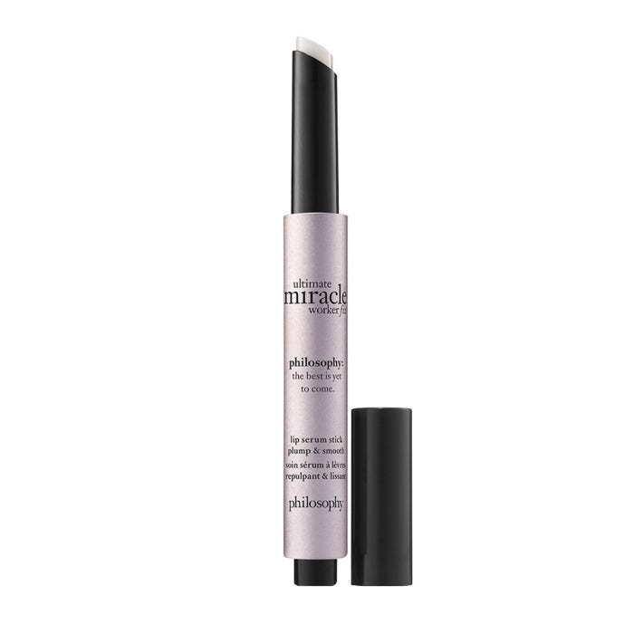 Philosophy lip serum stick in light purple packaging with black cap and twist-up applicator