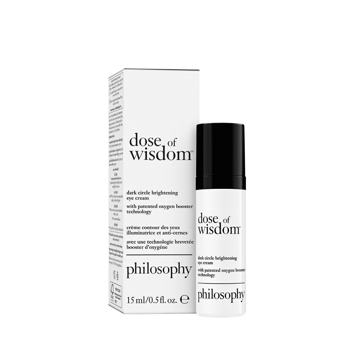 Sample dose of wisdom dark circle brightening eye cream with patented oxygen booster technology 15ml bottle and box