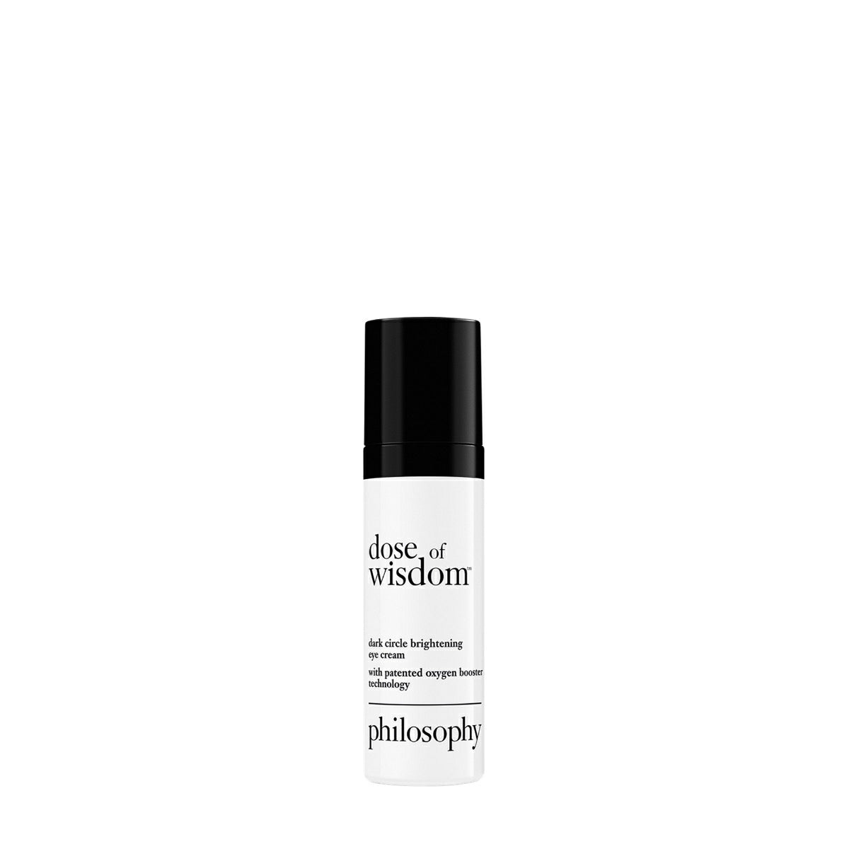 Dose of Wisdom dark circle brightening eye cream in white and black bottle by Philosophy