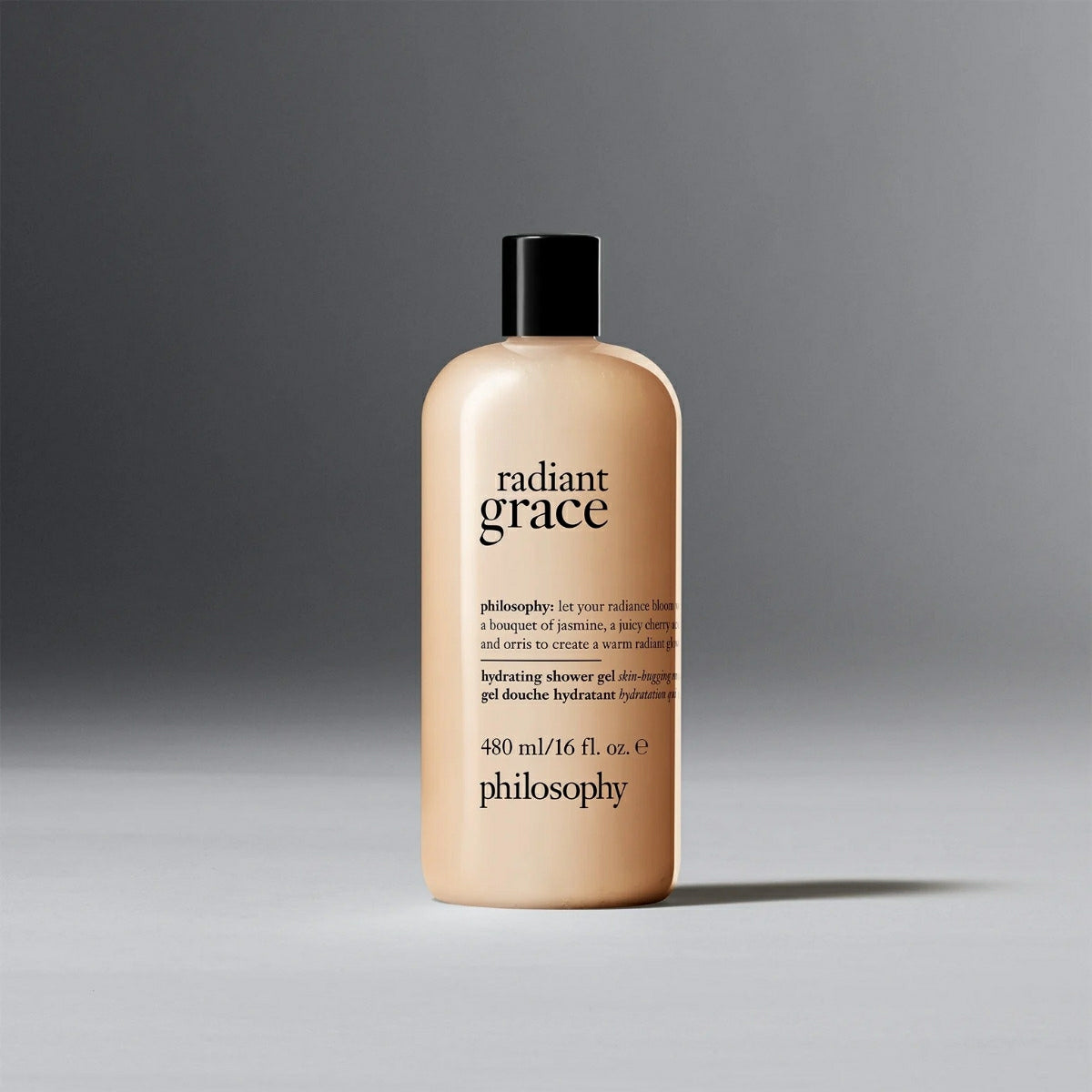 Philosophy Radiant Grace shower gel bottle with hydrating formula in beige packaging