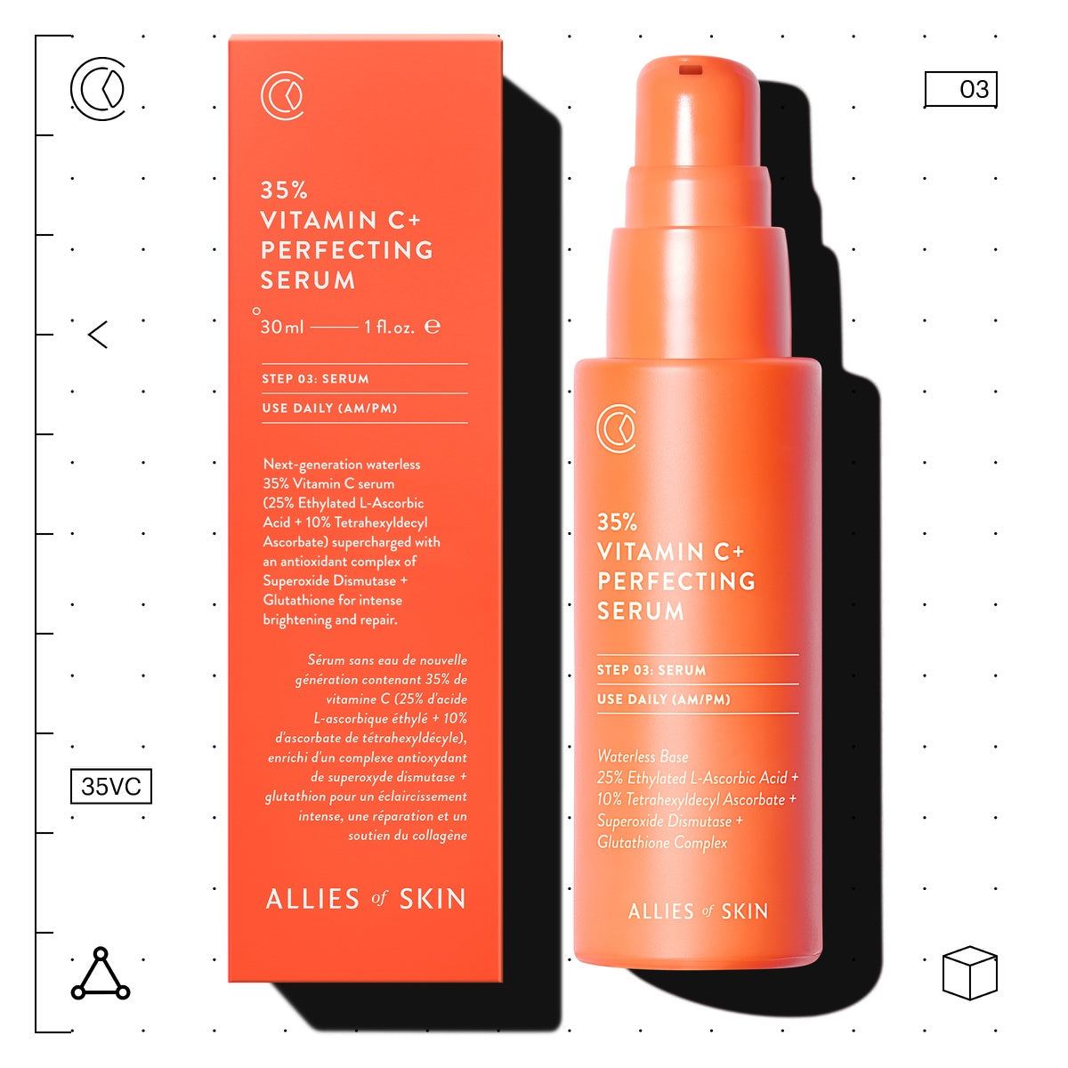 Allies of Skin 35% vitamin C serum for face orange pump bottle with matching box 30ml