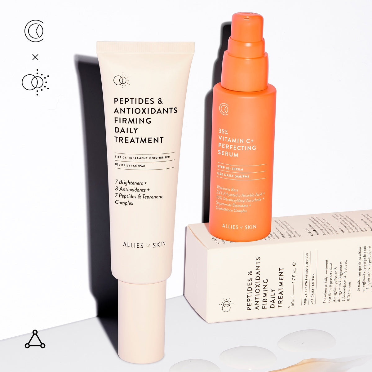 Allies of Skin orange pump bottle of 35% vitamin C serum for face beside peptides and antioxidants firming treatment tube