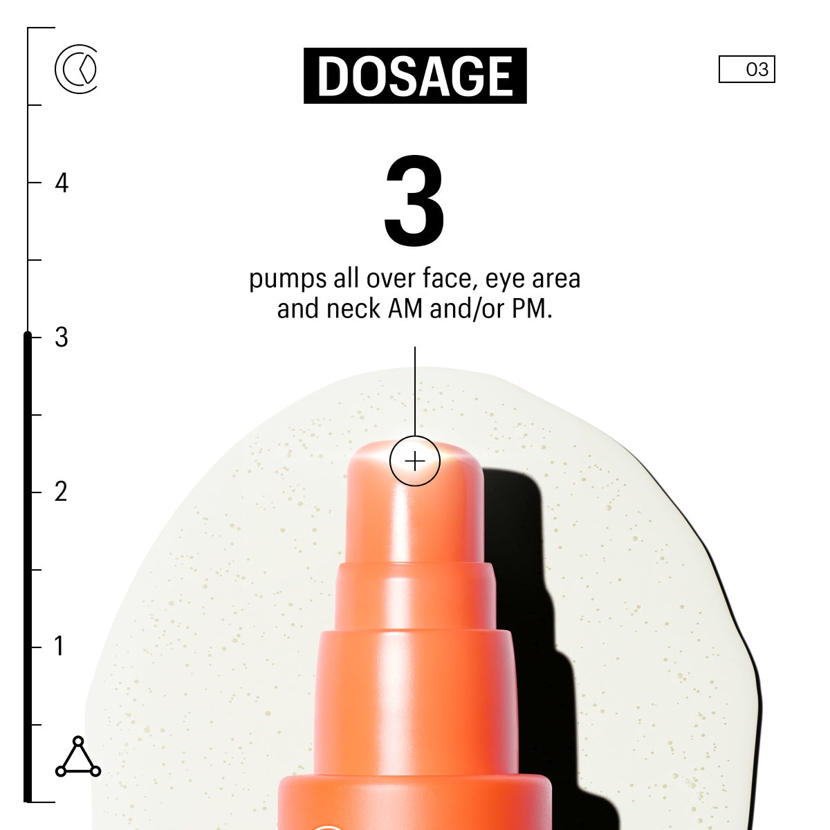 Allies of Skin orange pump bottle close up dosage graphic showing 3 pumps for 35% vitamin C serum for face