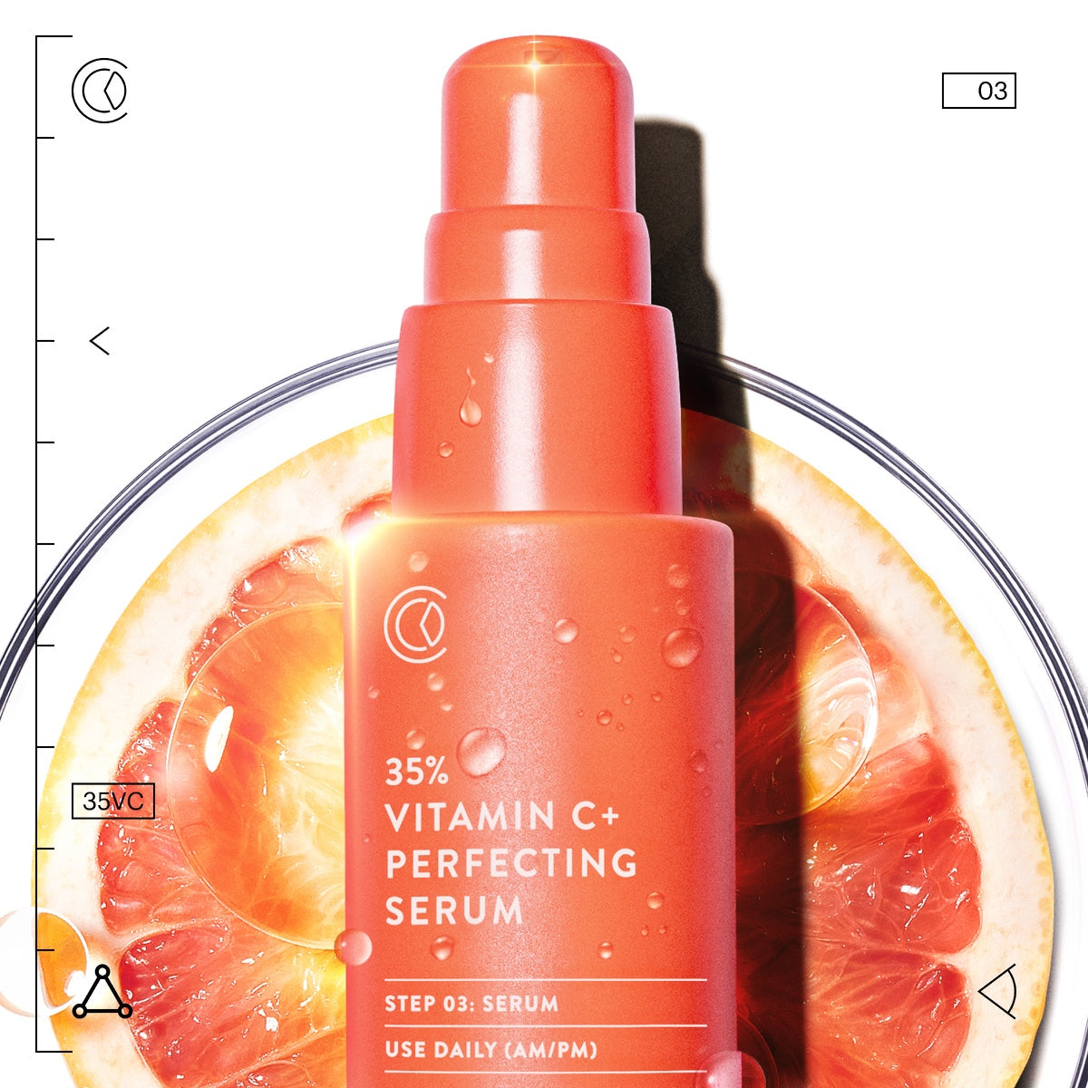 Allies of Skin 35% vitamin C serum for face in coral pump bottle with grapefruit and water droplets