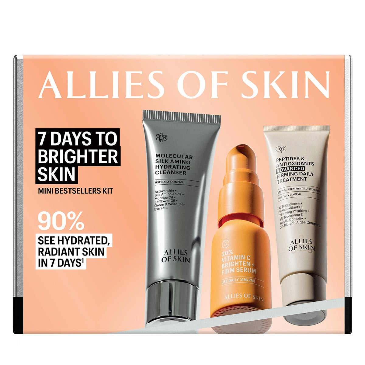 Allies of Skin 7 days to brighter skin kit boxed mini bestsellers with hydrating cleanser vitamin C brightening serum and peptide