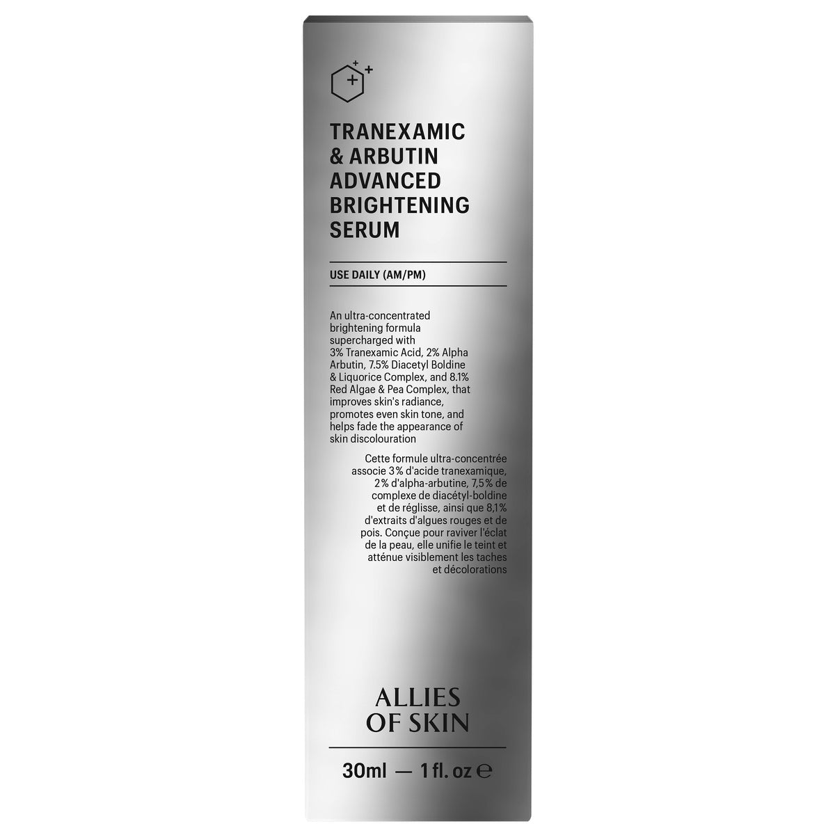 Allies of Skin Tranexamic and Arbutin advanced brightening serum in silver 30ml box for evening skin tone