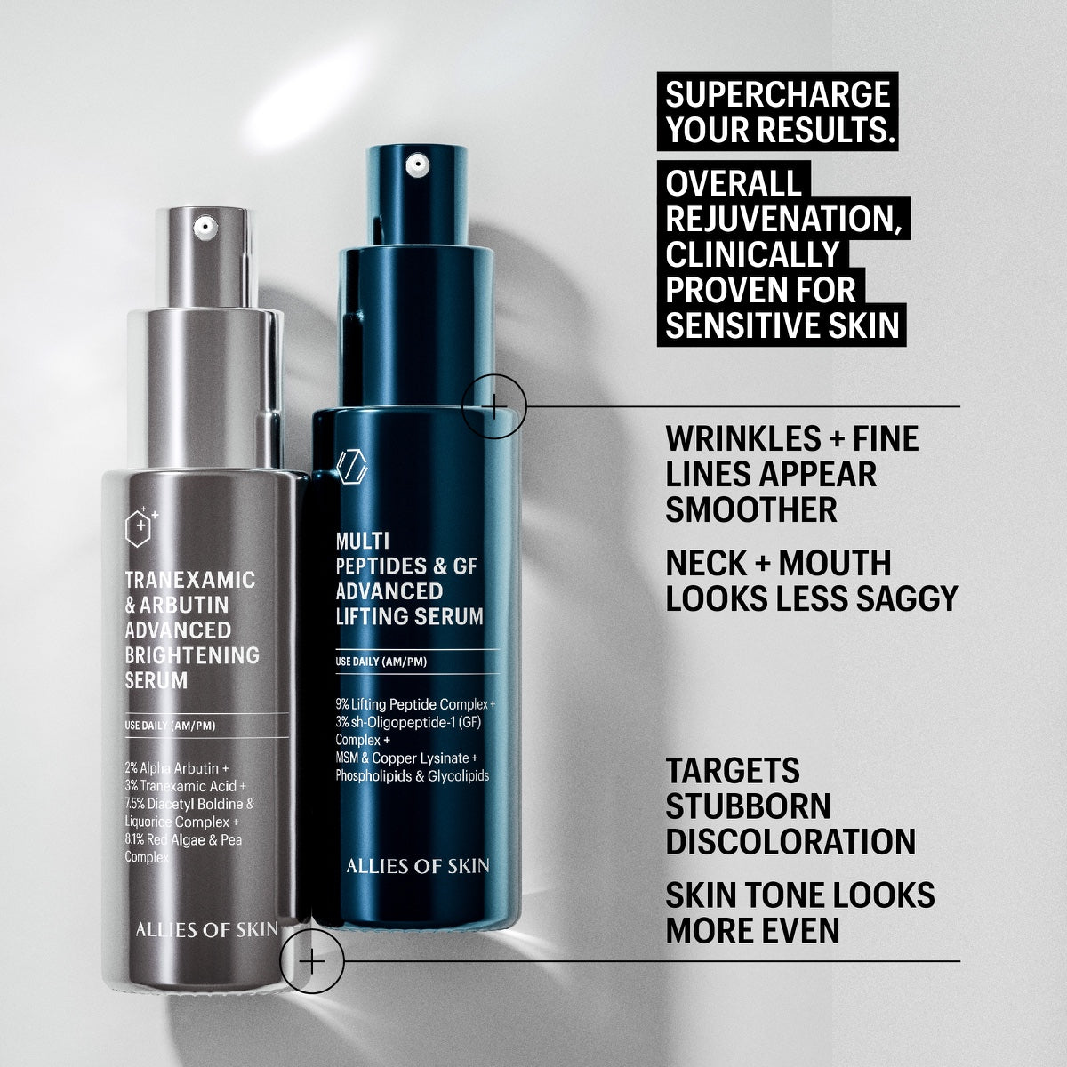 Allies of Skin product image showing advanced brightening serum pump bottle beside lifting serum with benefit callouts