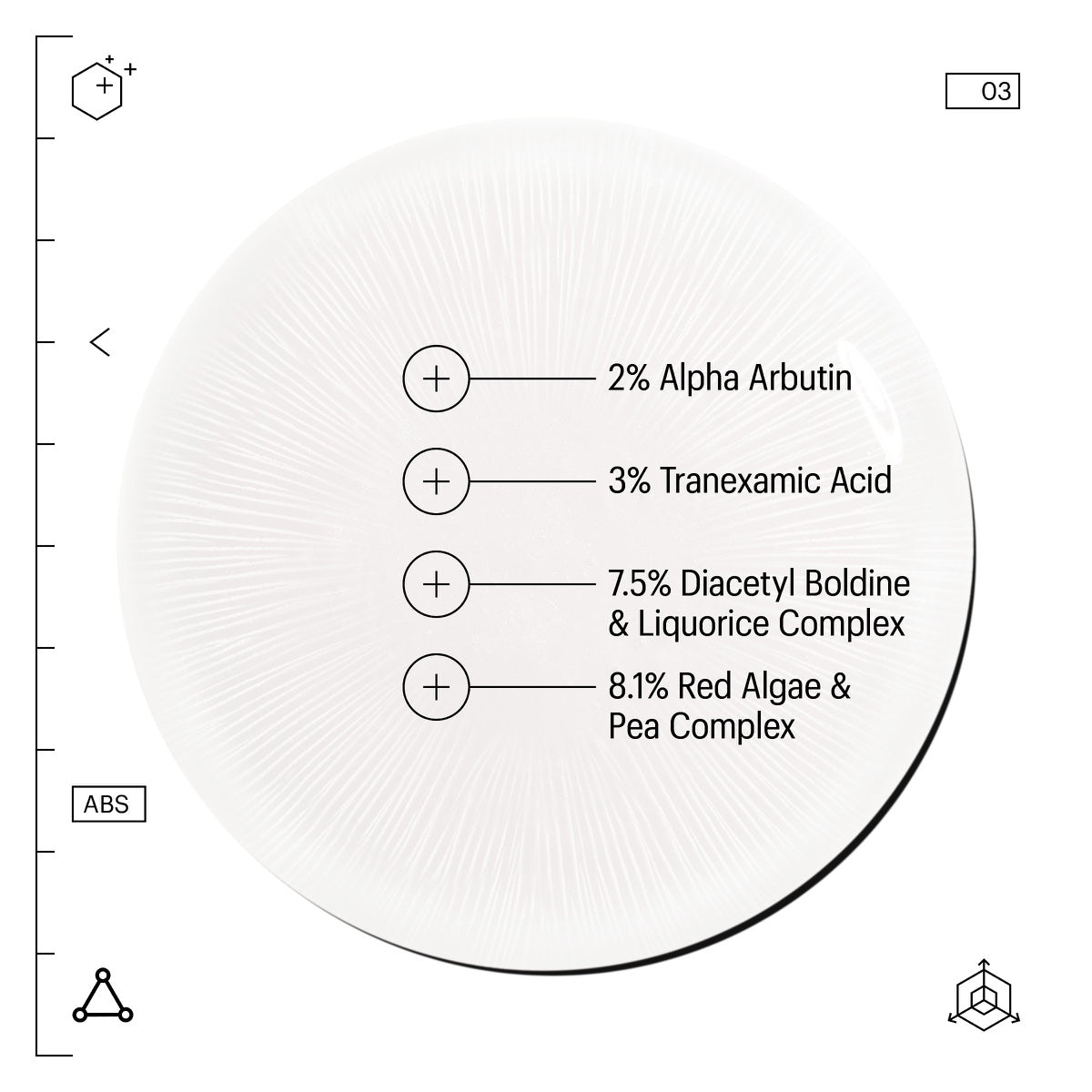 Allies of Skin advanced brightening serum label showing 2 percent Alpha Arbutin 3 percent Tranexamic Acid and actives