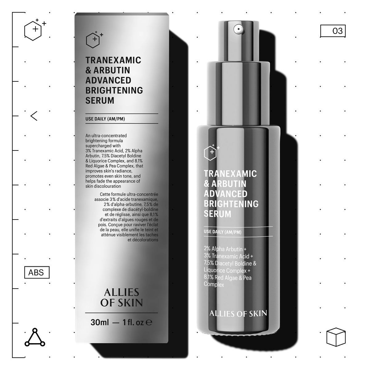 Allies of Skin Tranexamic and Arbutin advanced brightening serum 30ml pump bottle with box