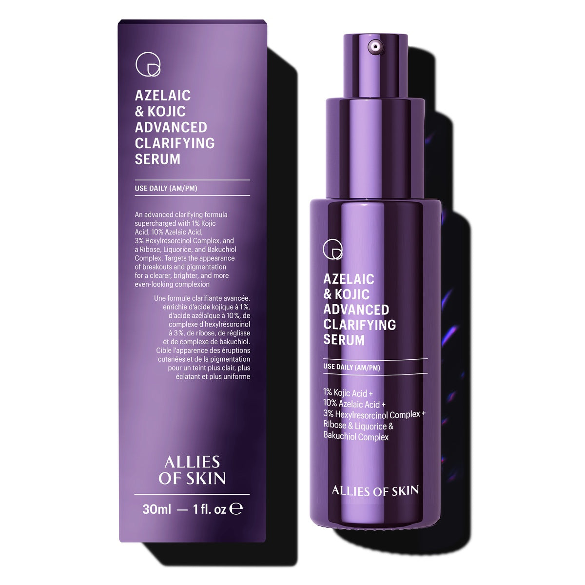 Allies of Skin azelaic serum review Purple bottle and box of Azelaic and Kojic Advanced Clarifying Serum