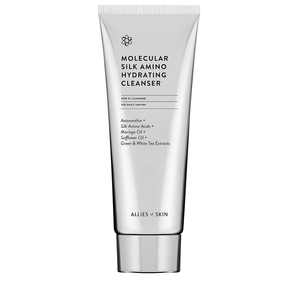 Allies of Skin hydrating cleanser in a sleek silver tube labeled Molecular Silk Amino Hydrating Cleanser
