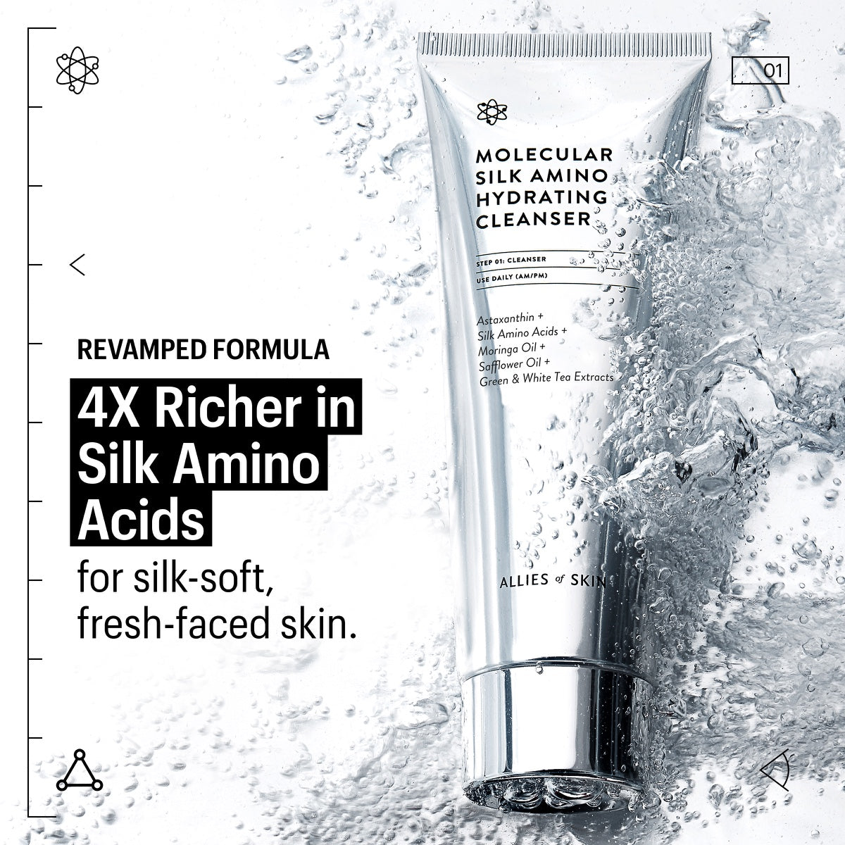 Allies of Skin hydrating cleanser silver tube with water splash and text highlighting 4X richer in silk amino acids