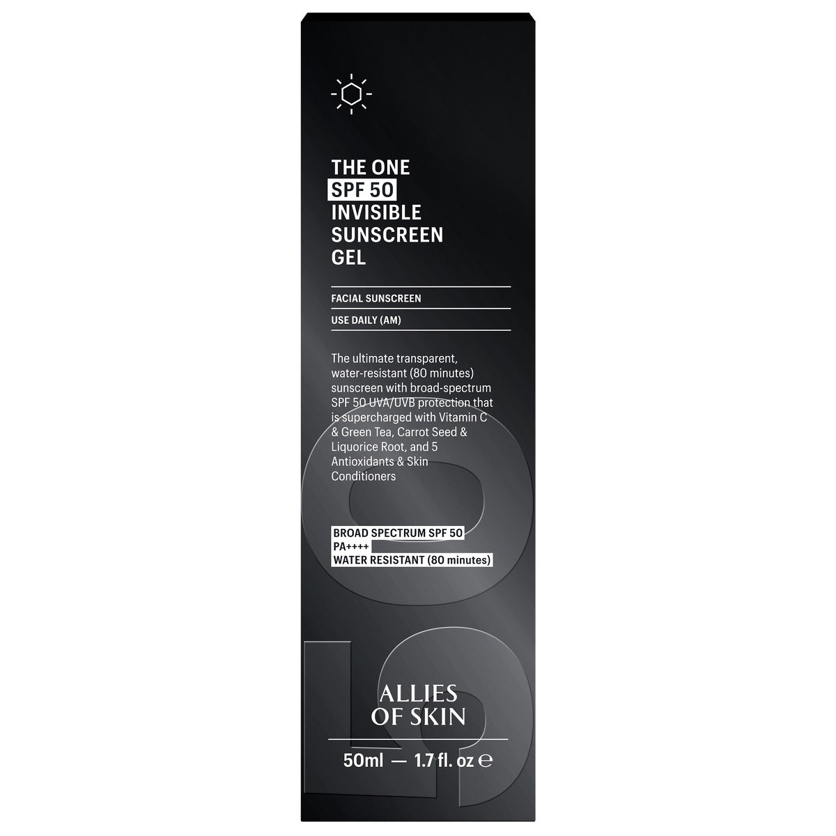 Allies of Skin invisible sunscreen SPF 50 black retail box for The One invisible sunscreen gel 50ml