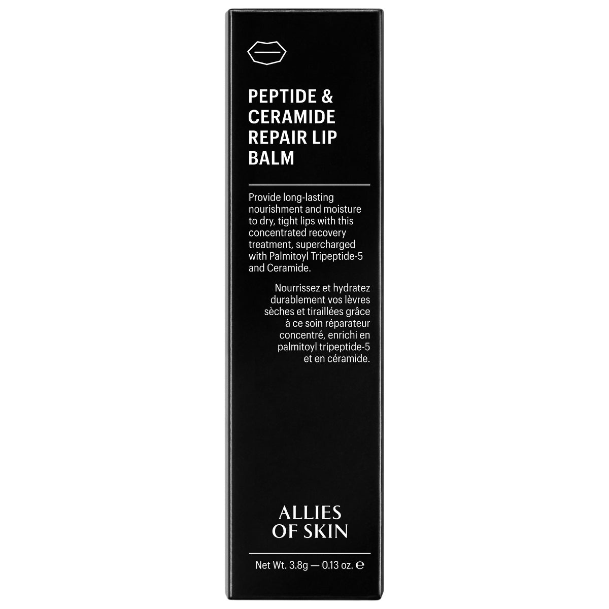 Allies of Skin lip repair balm Peptide and Ceramide Repair Lip Balm black rectangular box with product text