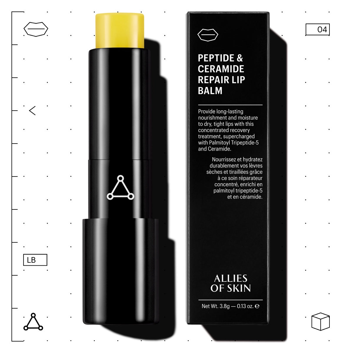 Allies of Skin lip repair balm yellow stick with black sleek tube and matching black product box