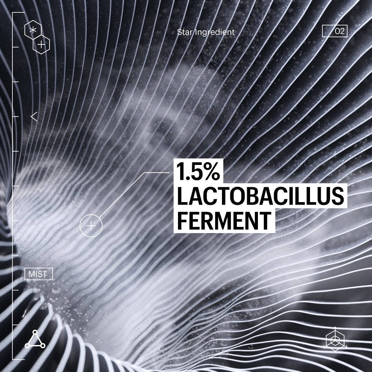 Allies of Skin Probiotics Treatment Mist ingredient graphic 1.5 percent lactobacillus ferment over wavy mist background