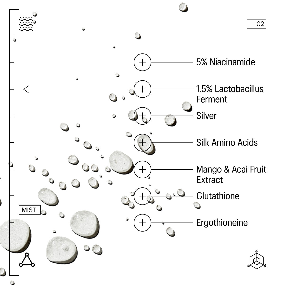 Allies of Skin Probiotics Treatment Mist image of droplets with ingredient labels like 5 percent niacinamide and probiotic ferment