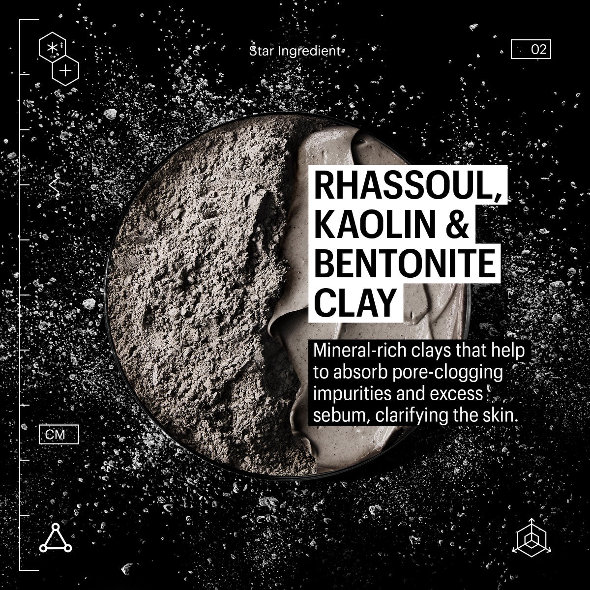 Allies of Skin purifying mask showing bowl of rhassoul kaolin and bentonite clays powder and paste for clarifying skin