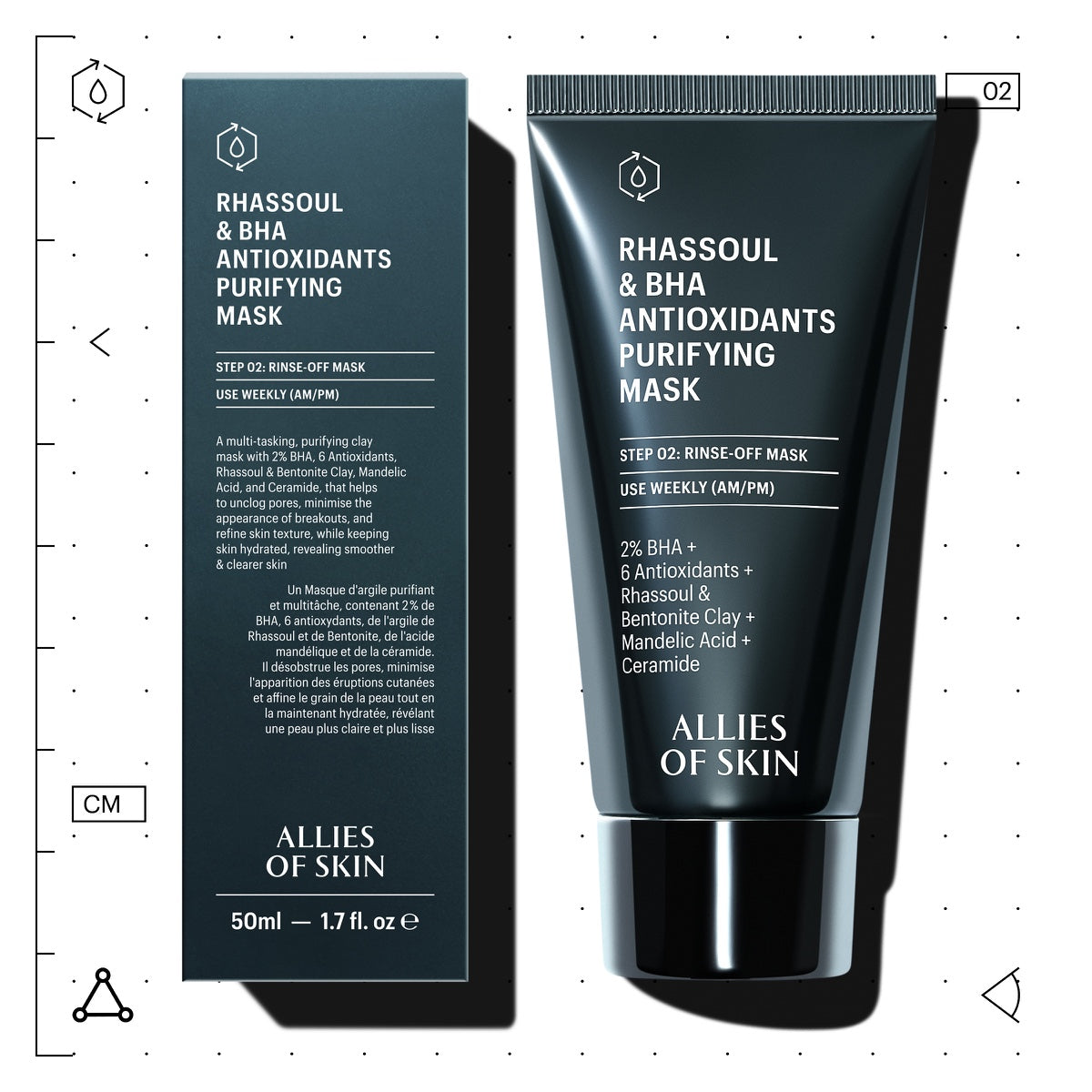 Allies of Skin purifying mask tube and box Rhassoul and BHA antioxidants clay mask 50 ml