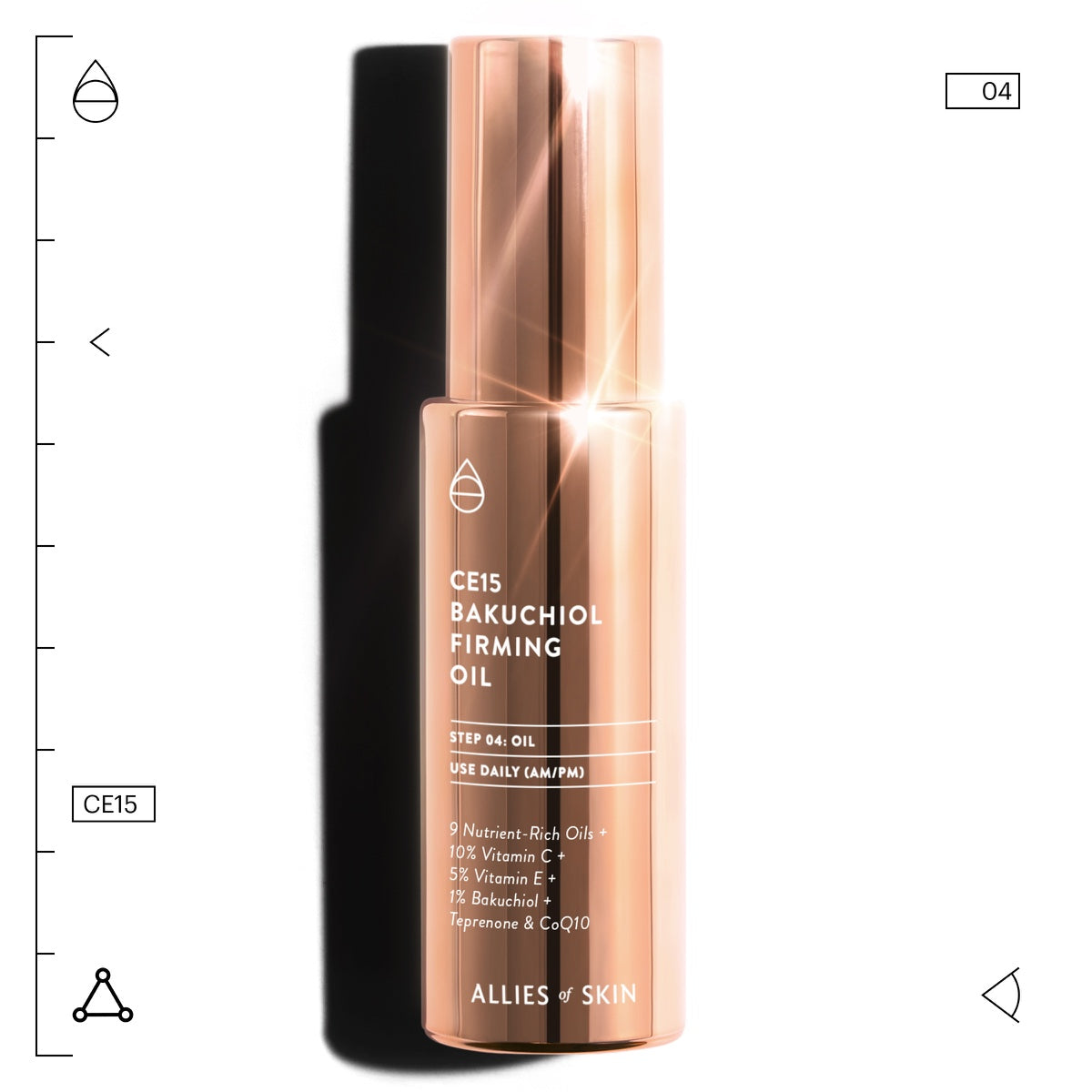 Allies of Skin CE15 Bakuchiol firming oil rose gold pump bottle for daily skin firming and brightening