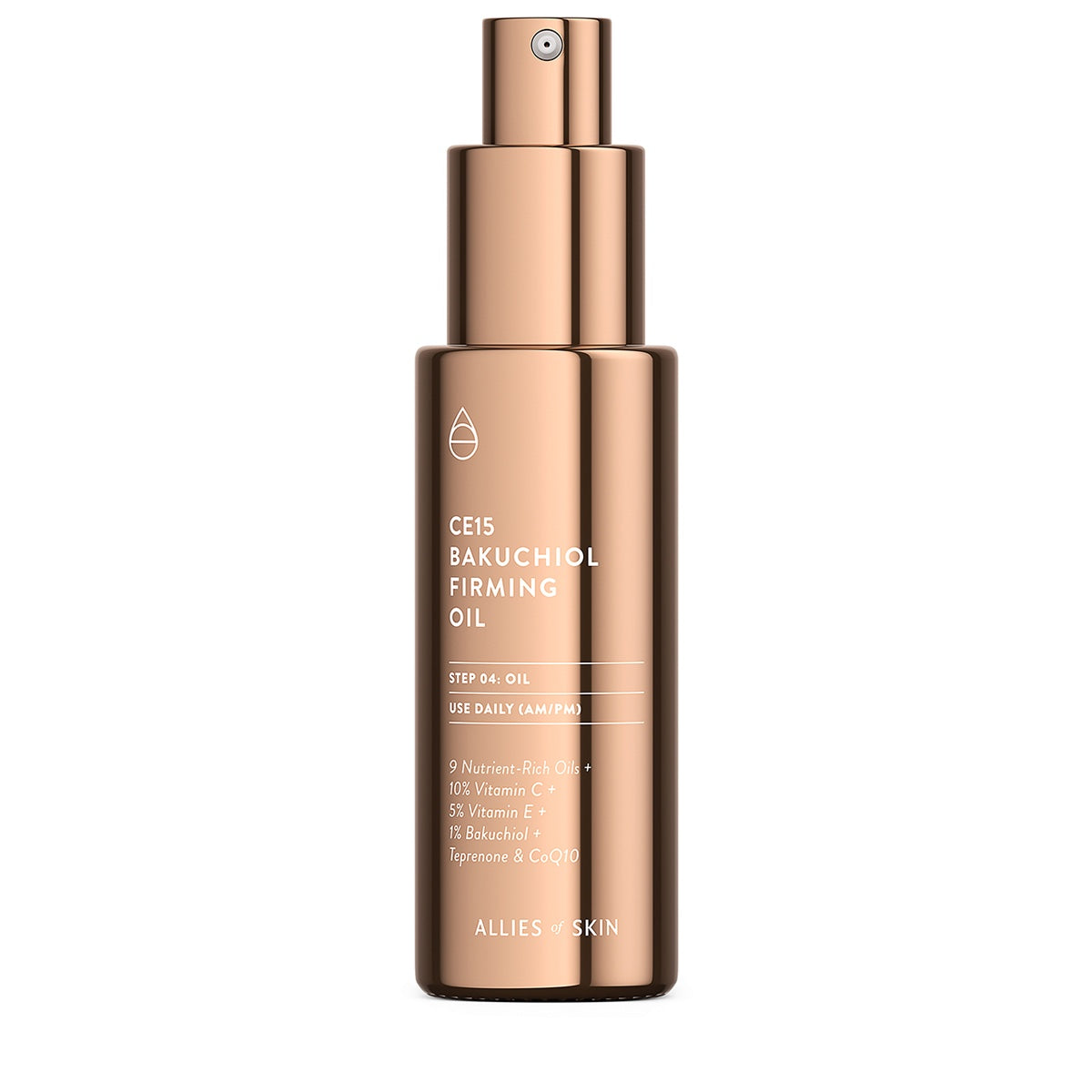 Allies of Skin CE15 Bakuchiol firming oil rose gold pump bottle for daily facial firming and hydration