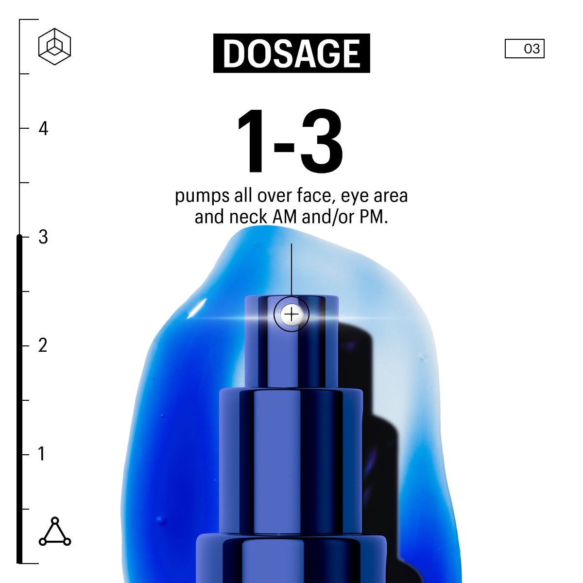 Close up blue pump bottle and gel with dosage instructions one to three pumps AM or PM for copper tripeptide repair serum