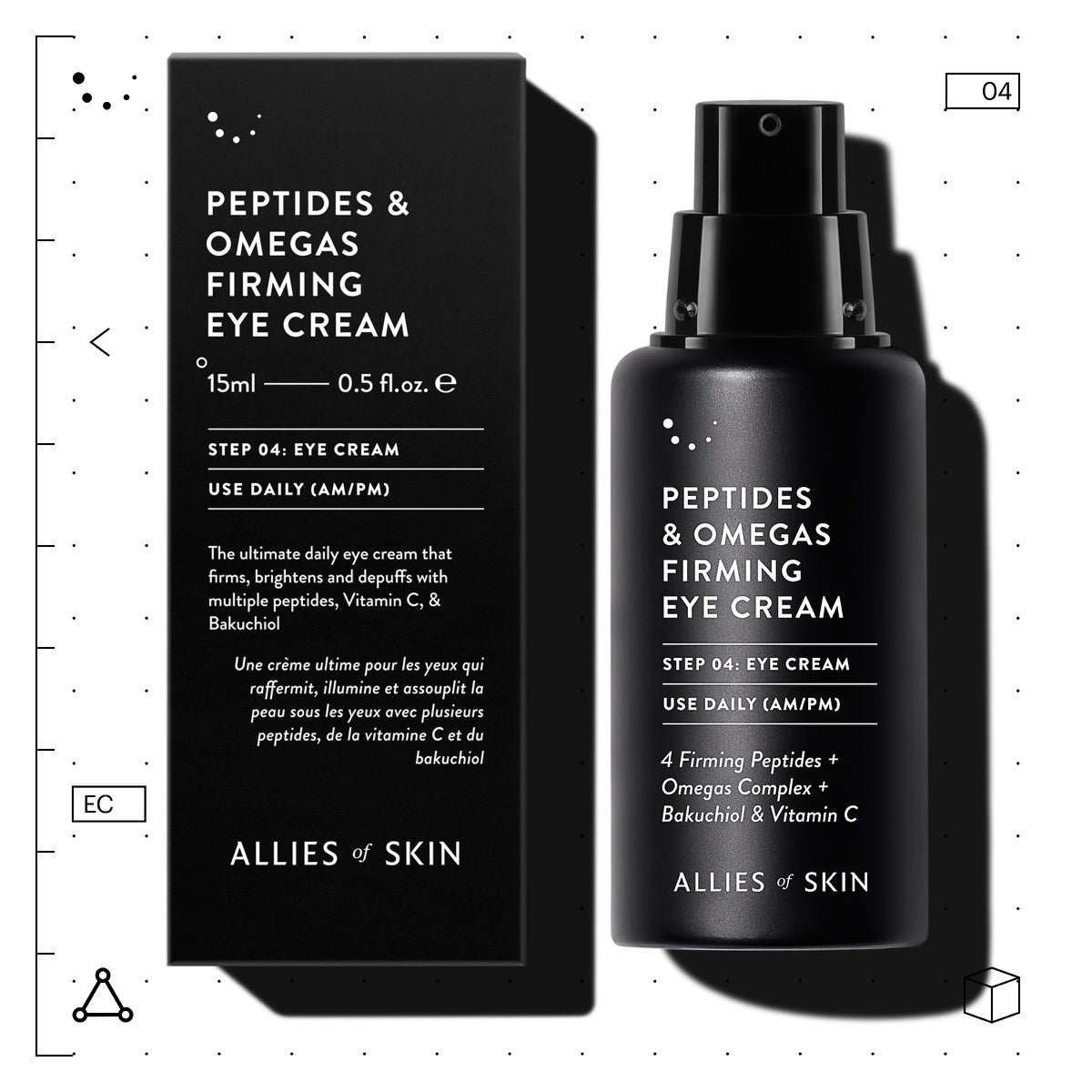 Allies of Skin Peptides and Omegas firming eye cream with peptides black pump bottle beside matching box