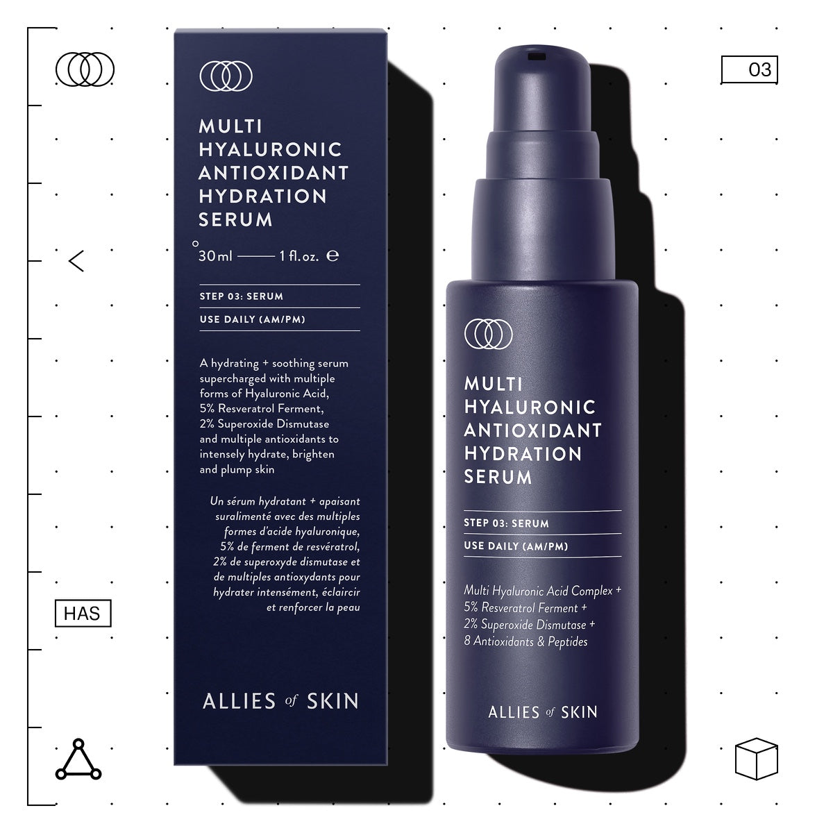 Allies of Skin Multi Hyaluronic Antioxidant Hydration Serum 30ml navy pump bottle and box hyaluronic acid hydration serum