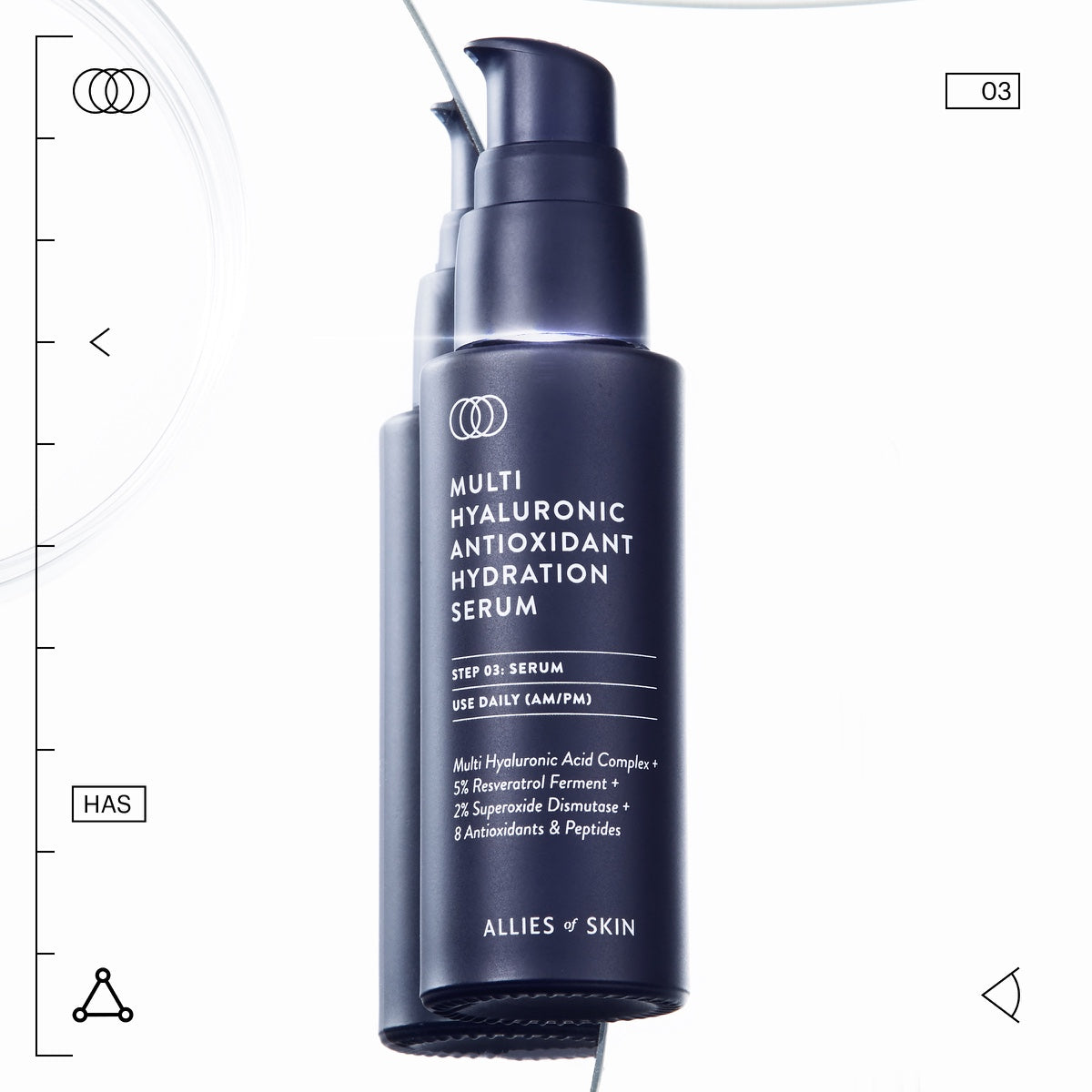 Allies of Skin Multi Hyaluronic Antioxidant hyaluronic acid hydration serum in navy pump bottle