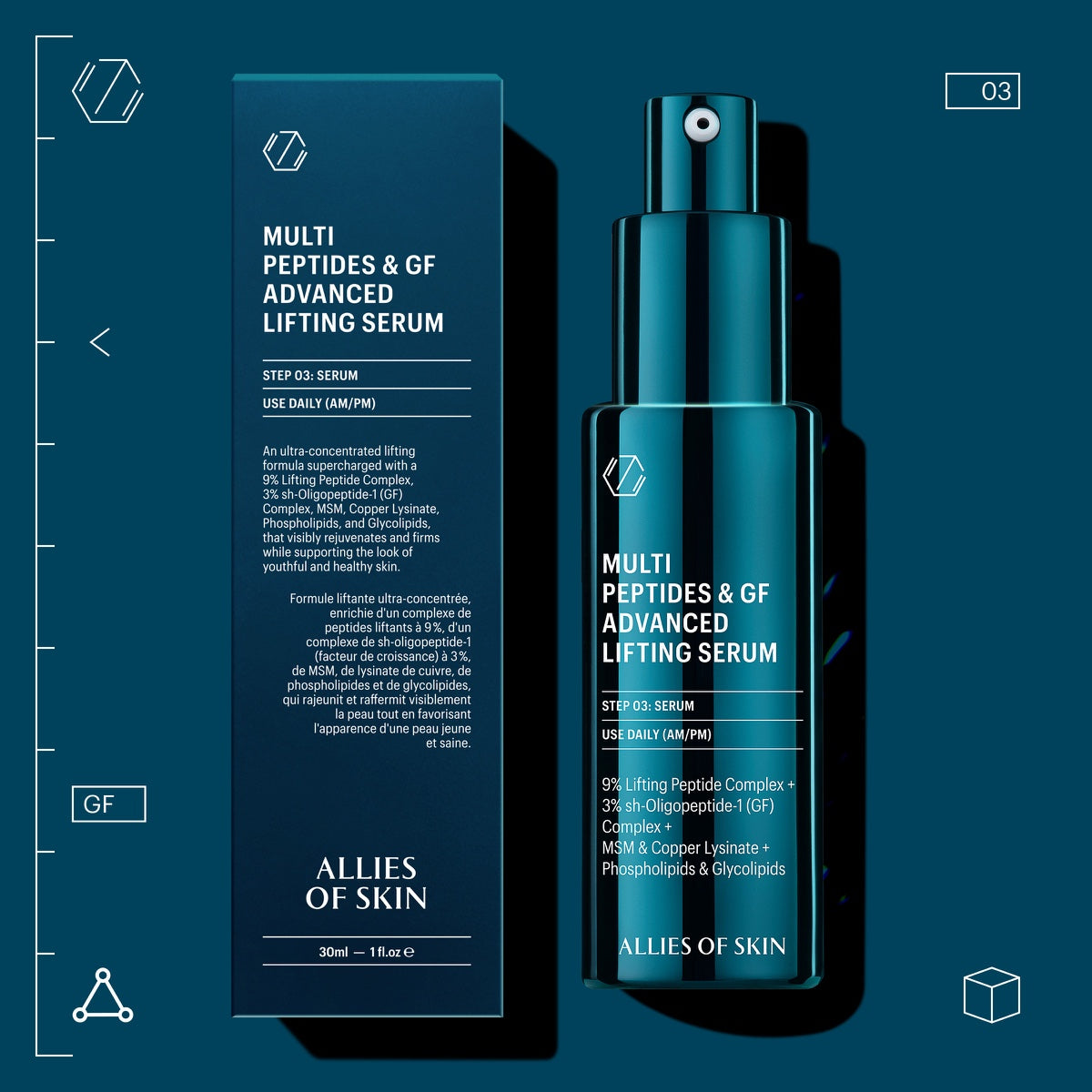 Allies of Skin multi peptide lifting serum teal pump bottle and matching box on dark background
