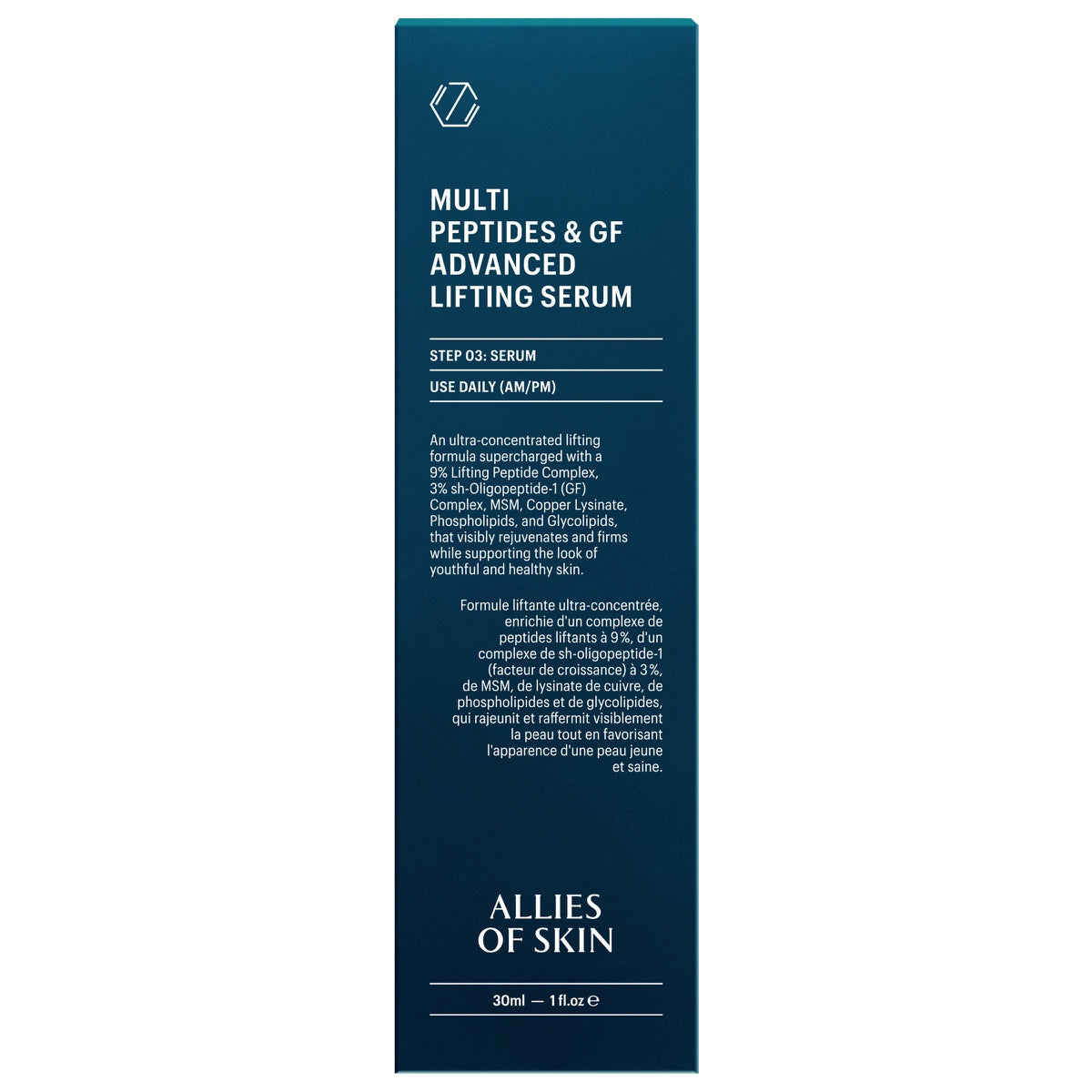 Allies of Skin multi peptide lifting serum navy blue box packaging showing product name and details