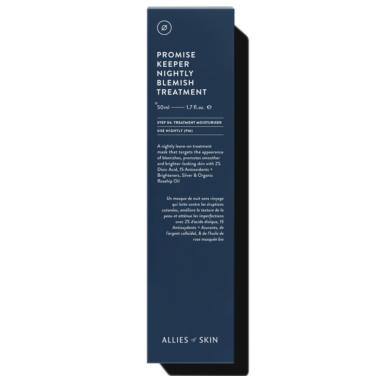 Allies of Skin Promise Keeper nightly blemish treatment box 50 ml navy packaging for nighttime acne care