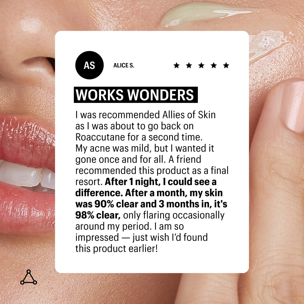 Close up of woman applying cream with Allies of Skin review card highlighting nightly blemish treatment