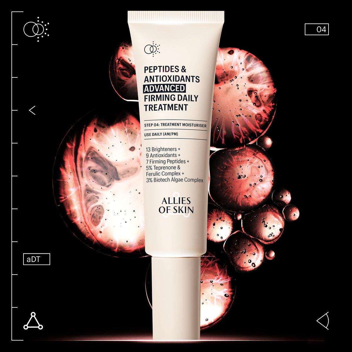 Allies of Skin peptide firming moisturizer tube on black background with red antioxidant droplets