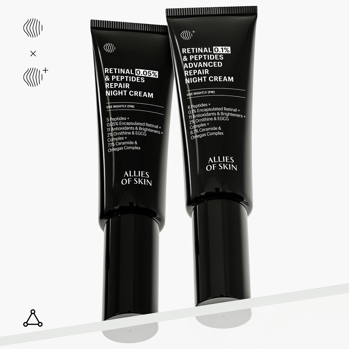 Two black tubes of Allies of Skin retinol night cream for face with peptides and repair formulas
