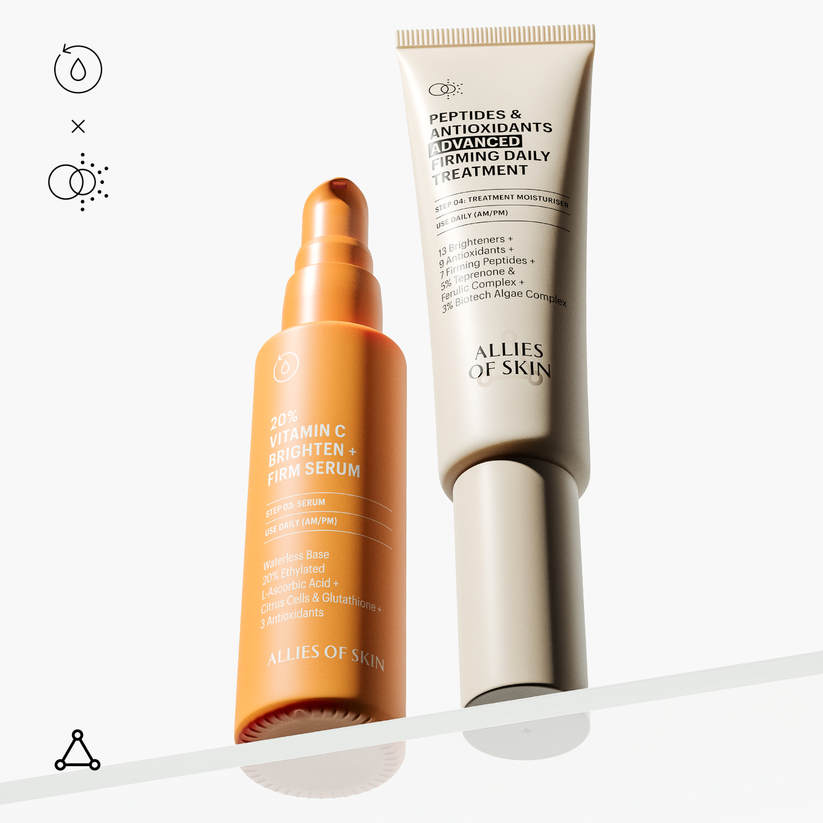 Allies of Skin orange pump bottle and beige tube on white background showing vitamin C serum for face and firming treatment