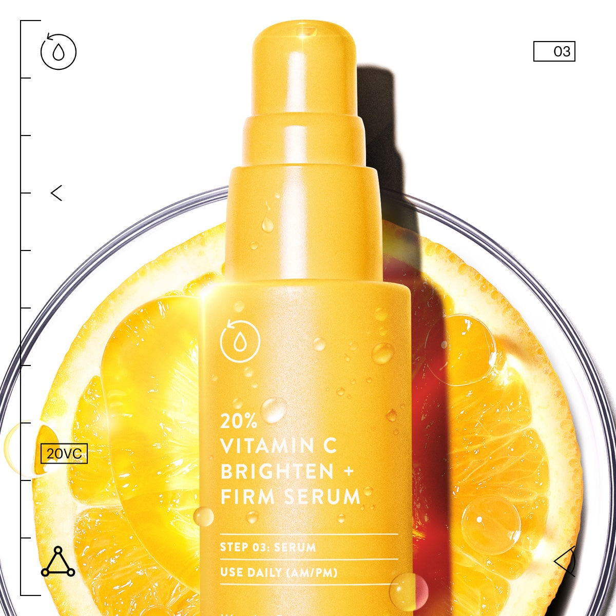 Allies of Skin yellow pump bottle 20 percent vitamin C brightening and firming serum over sliced orange vitamin C serum for face