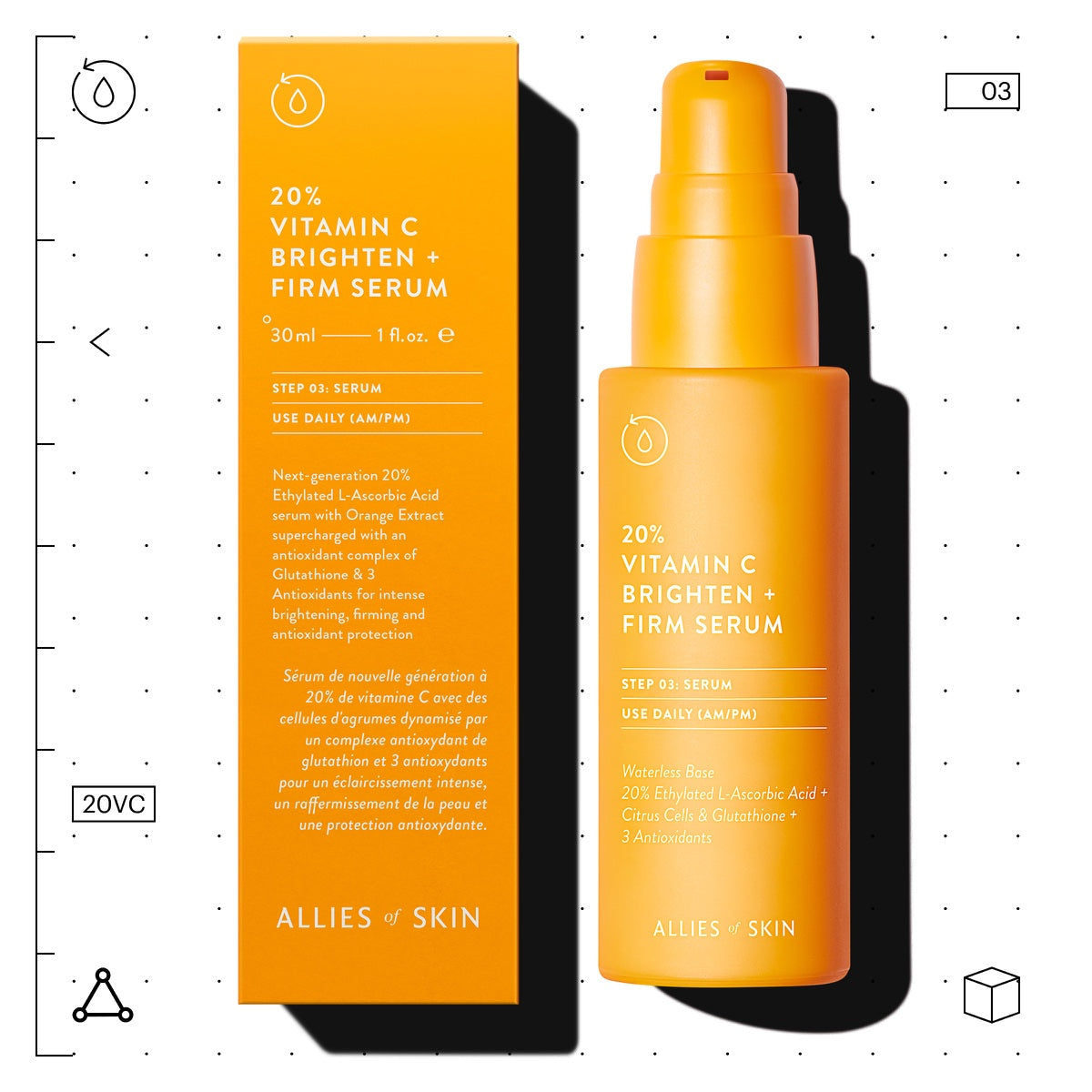 Allies of Skin 20 percent Vitamin C Brighten and Firm serum bottle and box on white grid background vitamin C serum for face