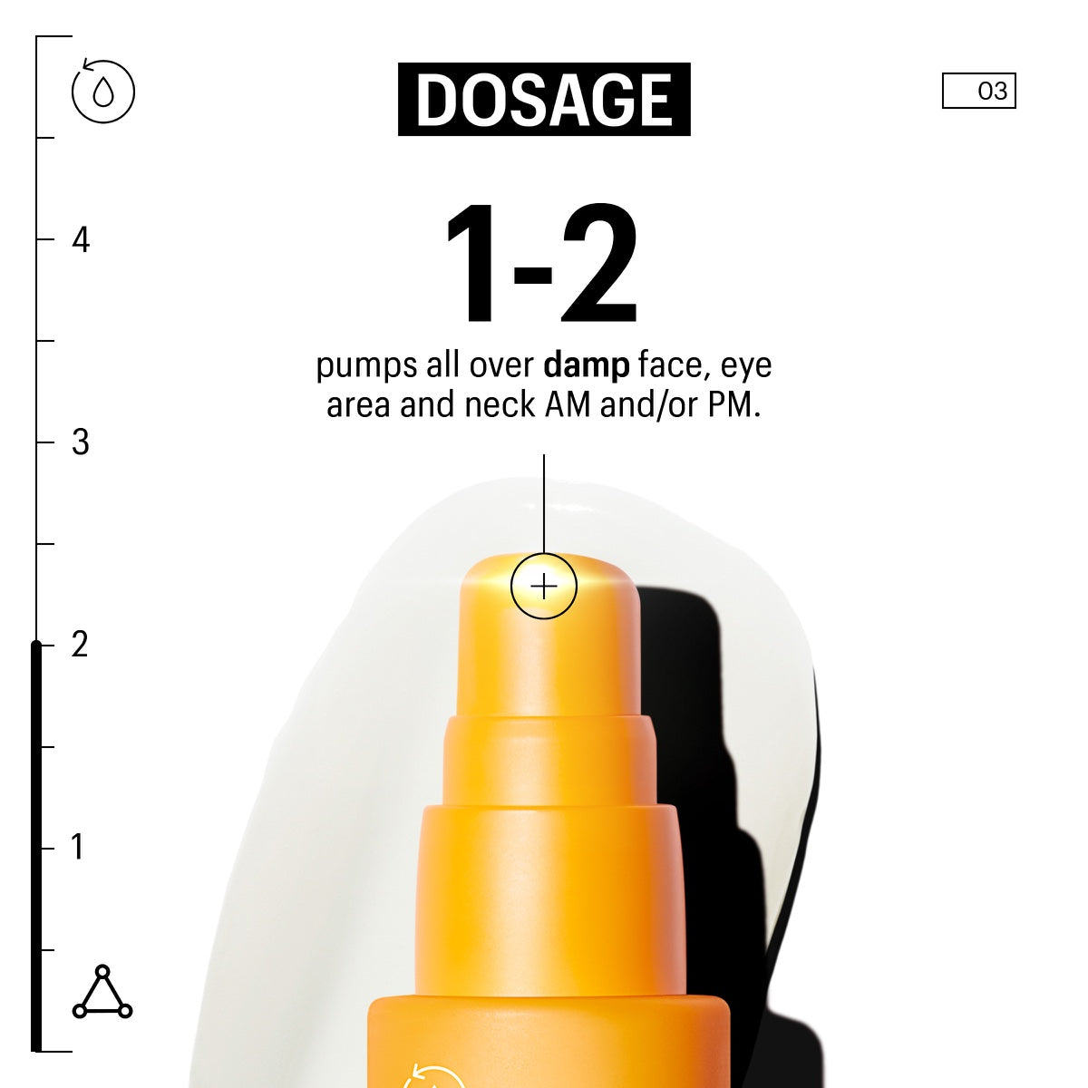Allies of Skin orange pump bottle close up with dosage text 1 to 2 pumps and vitamin C serum for face on white background