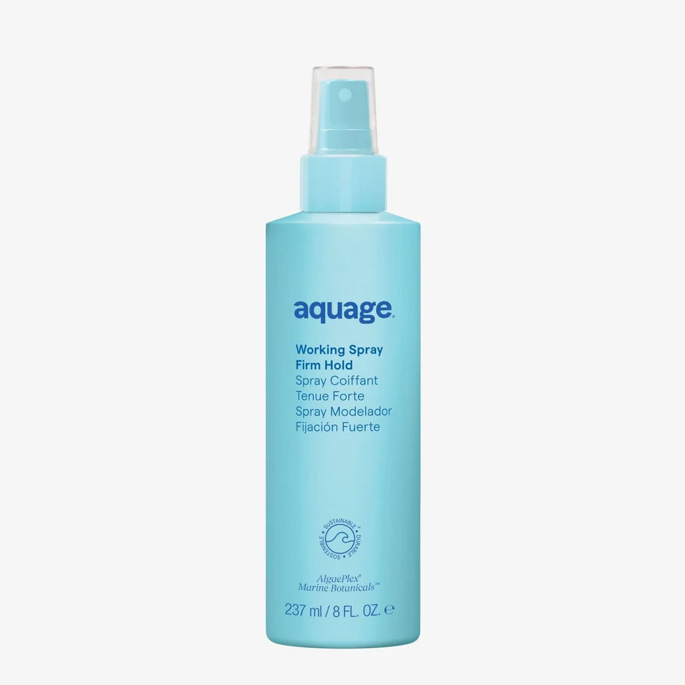 Aquage Working Spray Firm Hold in blue bottle, ideal heat protectant for hair spray for styling and hold