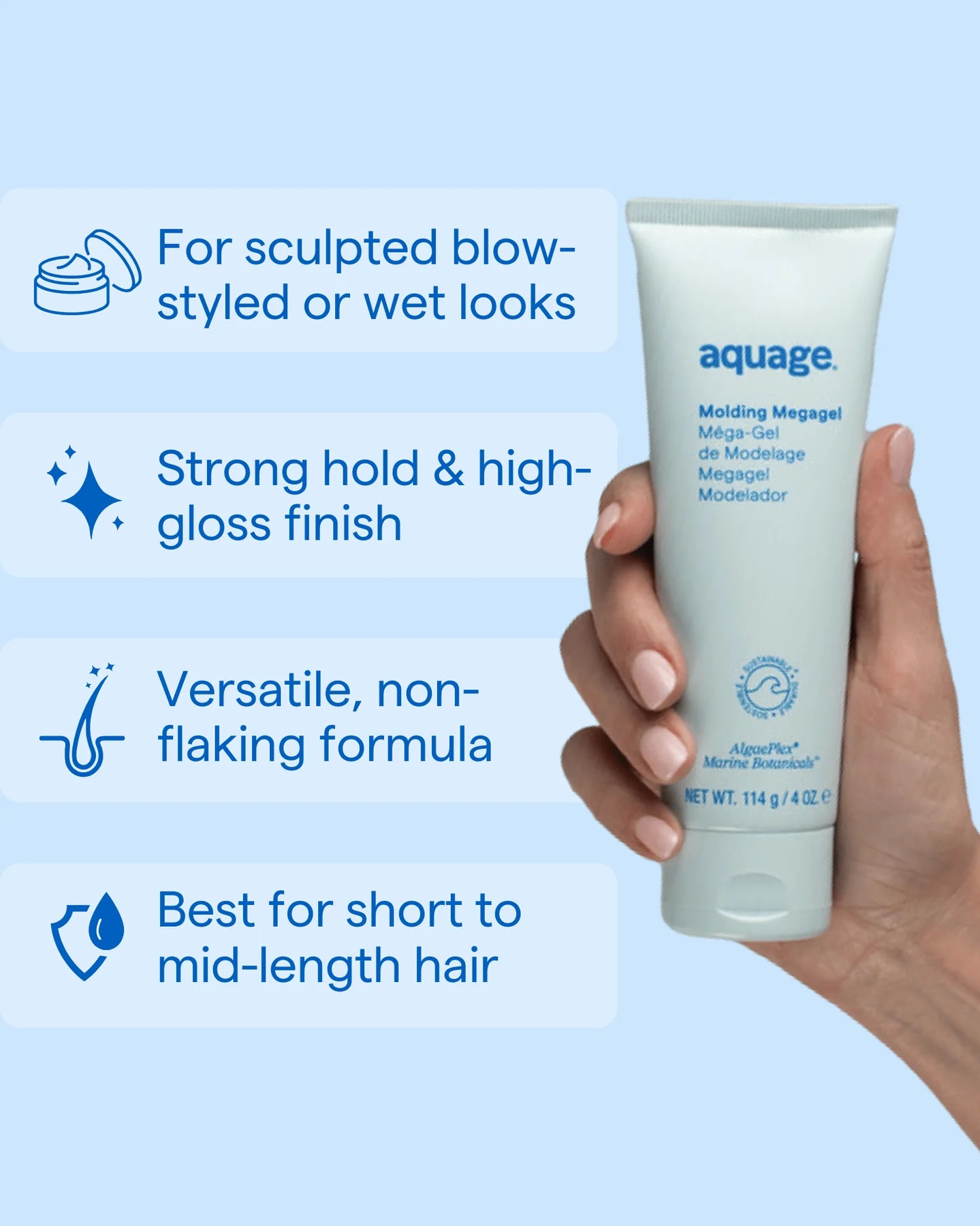 Hand holding Aquage Molding Megagel 4 oz tube with features like strong hold and high gloss finish