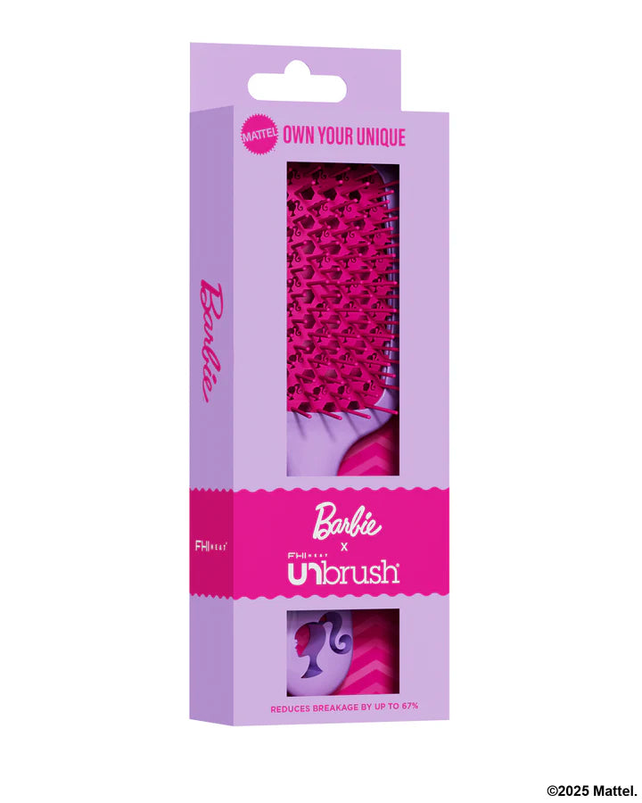 Barbie detangling hair brush by Unbrush in pink packaging designed for gentle hair care