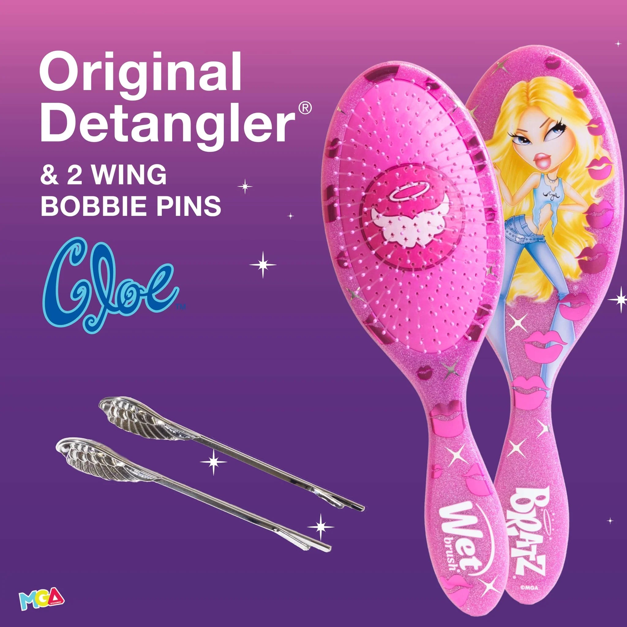 Wet Brush Original Detangler featuring Gloe design with two wing bobbie pins for hair styling